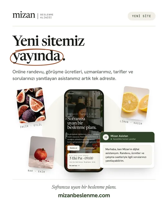 Instagram postu: “Yeni sitemiz yayında.” Telefonda sitenin ilk ekranı ve asistanın karşılama mesajı.