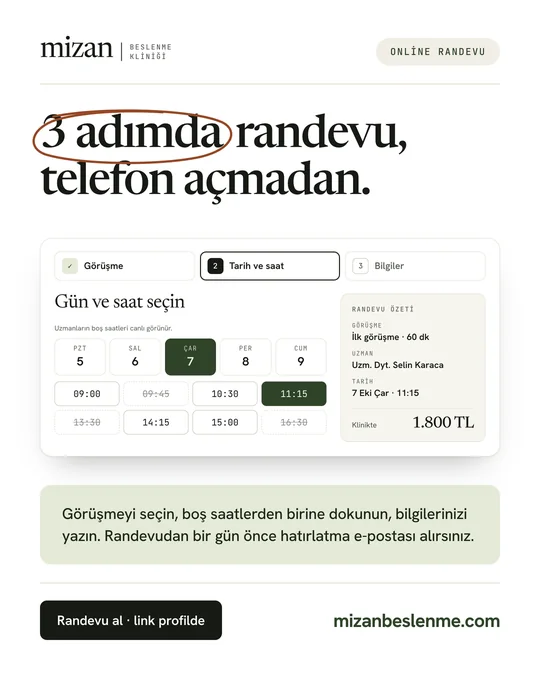 Instagram postu: “3 adımda randevu, telefon açmadan.” Randevu ekranında gün ve saat seçimi.