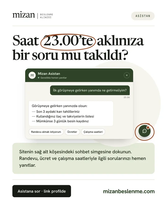 Instagram postu: “Saat 23.00’te aklınıza bir soru mu takıldı?” Sitedeki asistanla örnek konuşma.