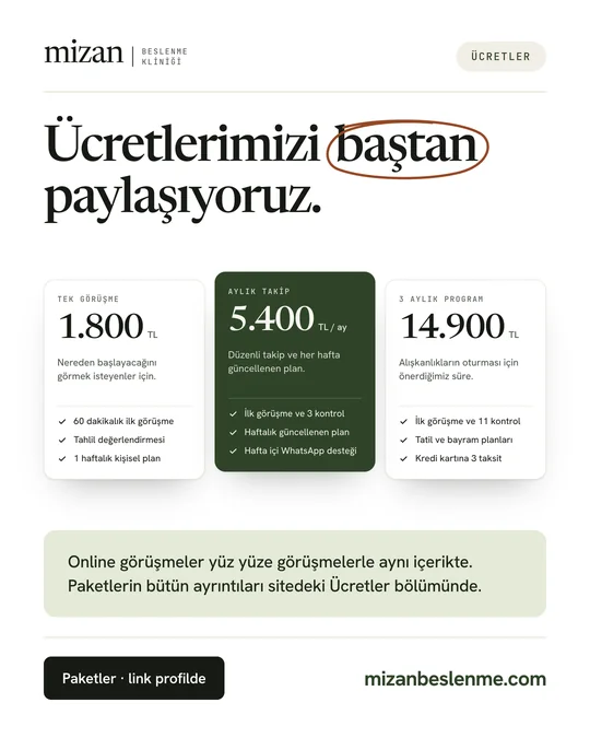 Instagram postu: “Ücretlerimizi baştan paylaşıyoruz.” Üç görüşme paketi ve fiyatları.