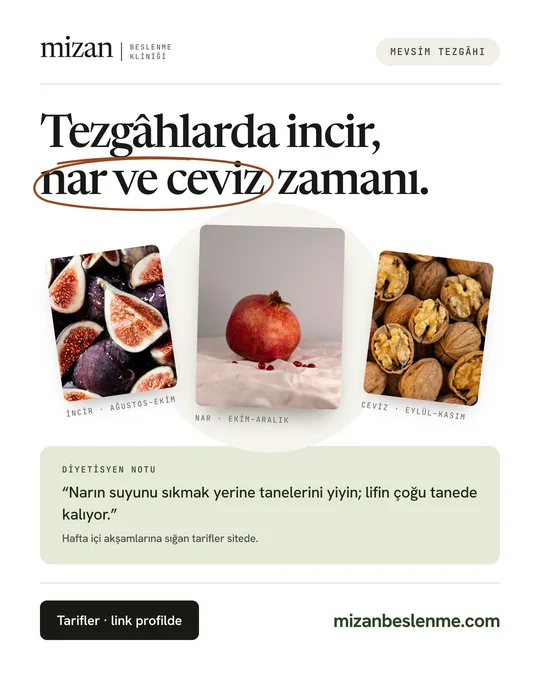 Instagram postu: “Tezgâhlarda incir, nar ve ceviz zamanı.” Mevsim meyveleri ve diyetisyen notu.